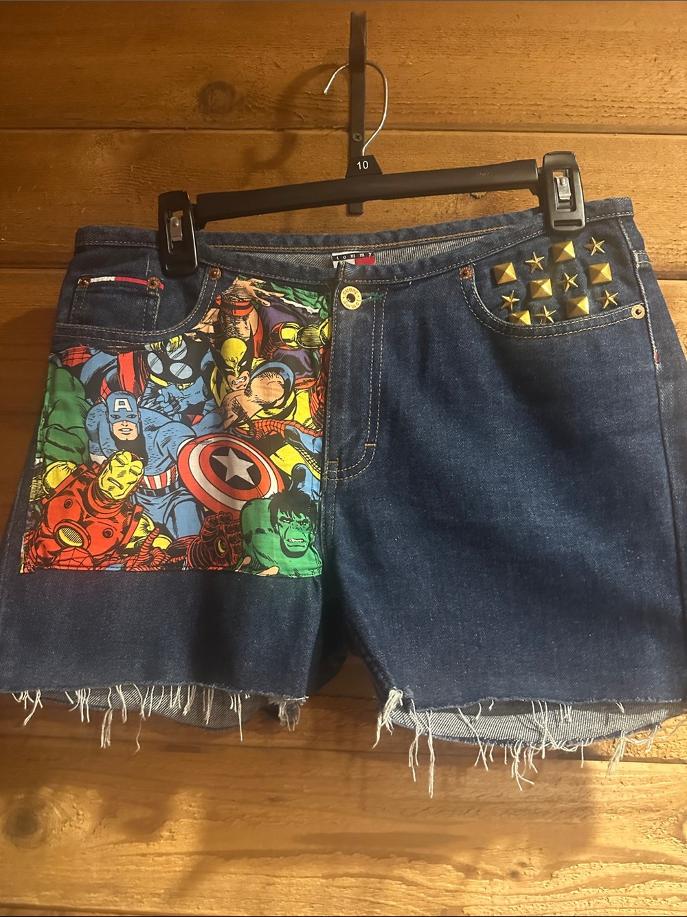 Tommy Hilfiger Dark Blue Denim Shorts with Marvel Patch & Gold Studs